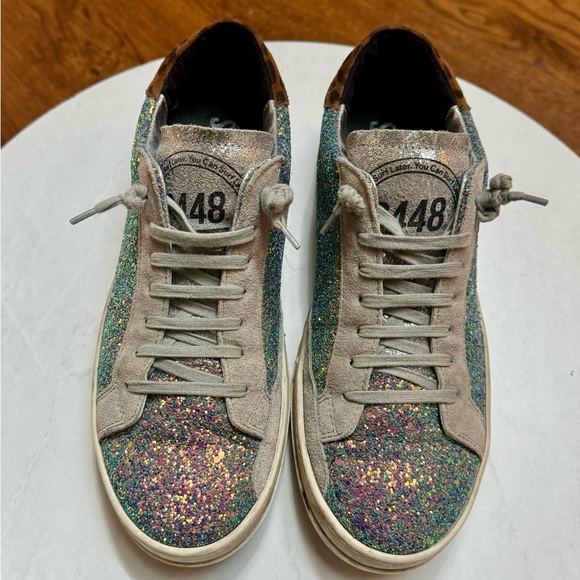 P448 Glitter Sneakers grey suede and cognac leopard print suede heel tab.Size 39 - Picture 2 of 9